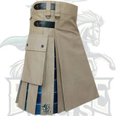 Beige Hybrid Utility Kilt for Men – US Navy Tartan Inner Pleats | 4 Strap Modern Scottish Design by BattleOfKilts